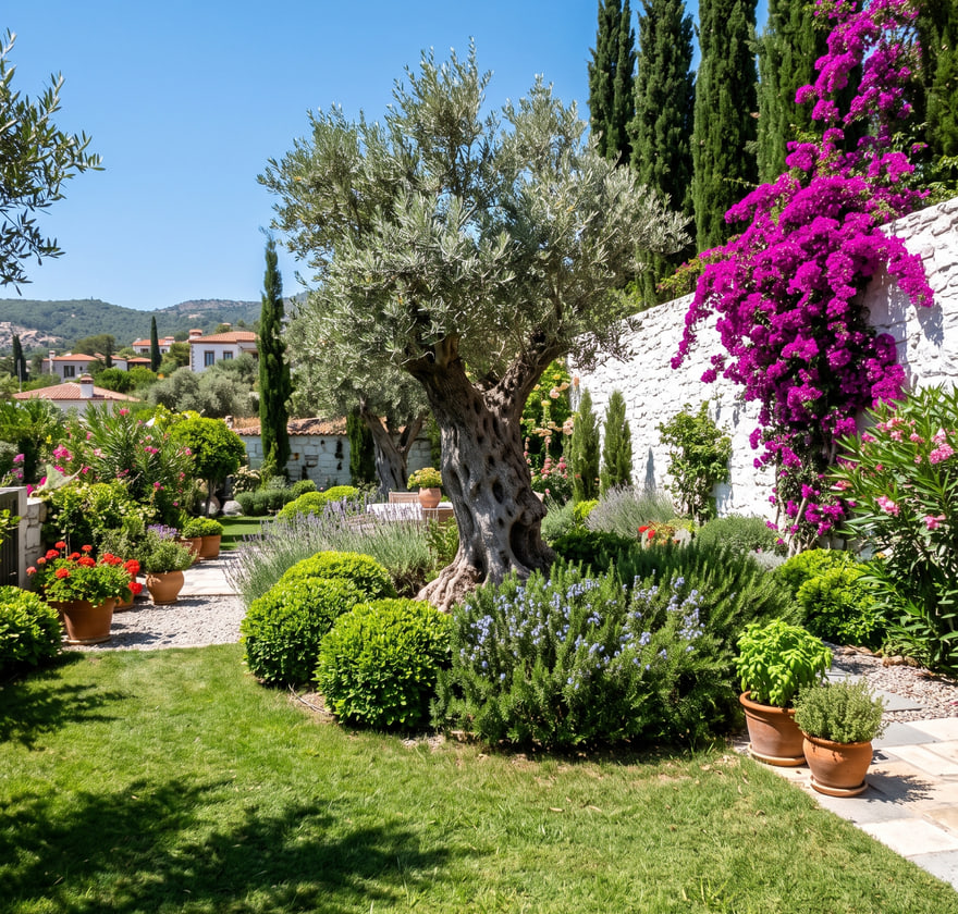 Zeytin ağaçlı Akdeniz bahçesi peyzajı